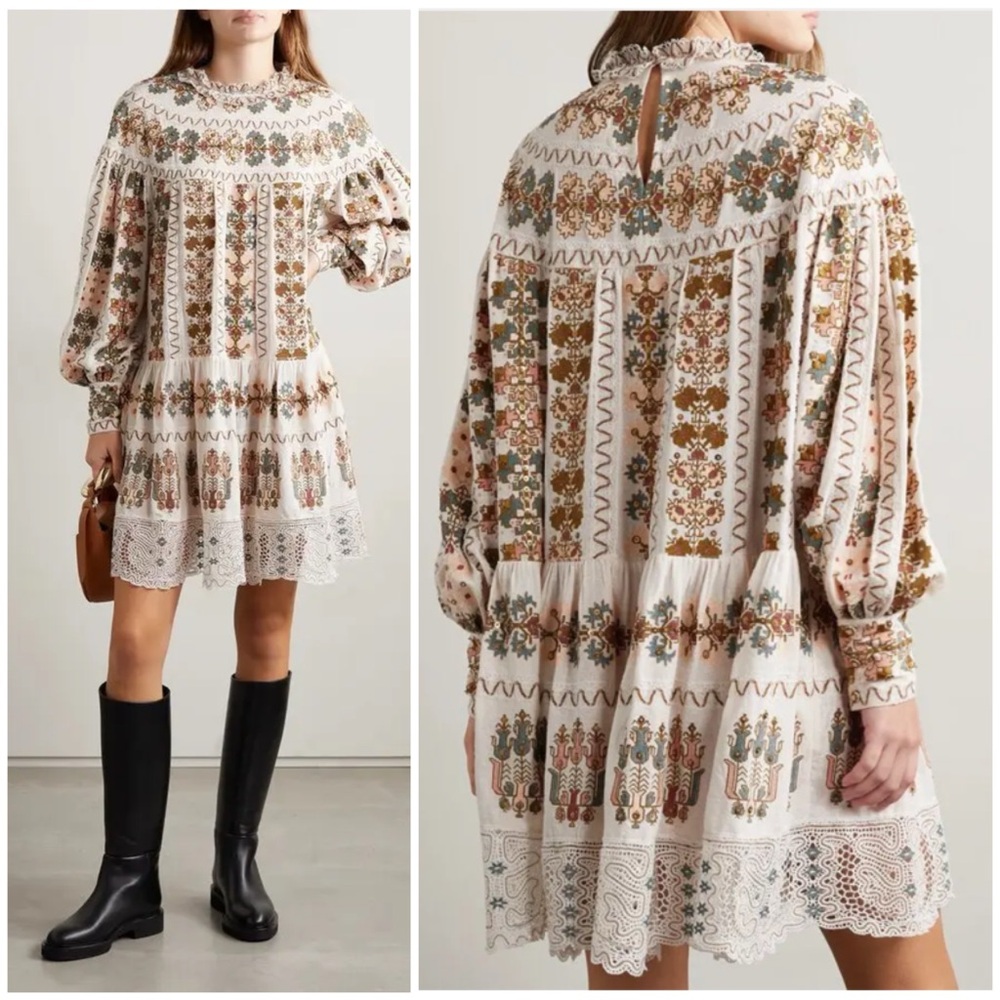 ULLA JOHNSON Alexandra Crochet-Trimmed Beaded
Embroidered Silk Mini Dress SZ 4 - Picture 2 of 12